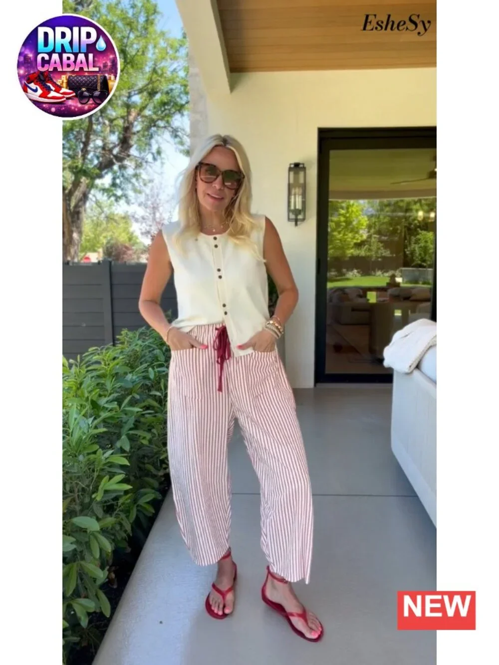 Women's Casual Barrel Pants Striped Drawstring Wide Leg Lounge Capri Trousers